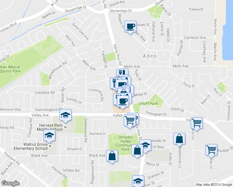 map of restaurants, bars, coffee shops, grocery stores, and more near 1989 Santa Rita Road in Pleasanton