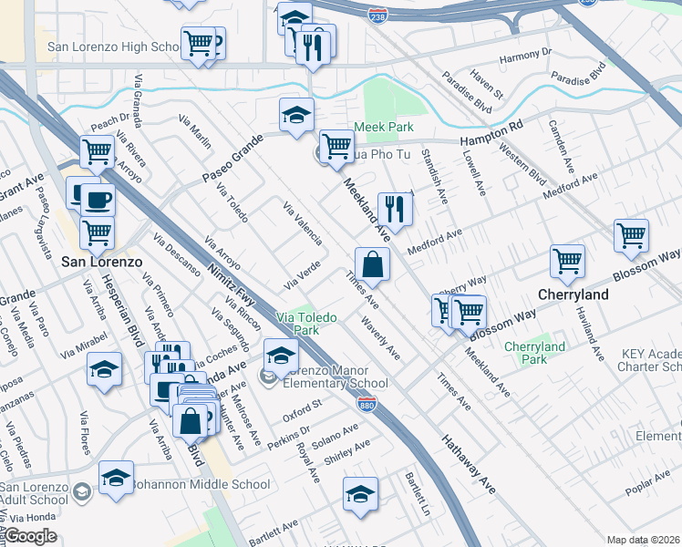 map of restaurants, bars, coffee shops, grocery stores, and more near 24 Via Hermosa in San Lorenzo
