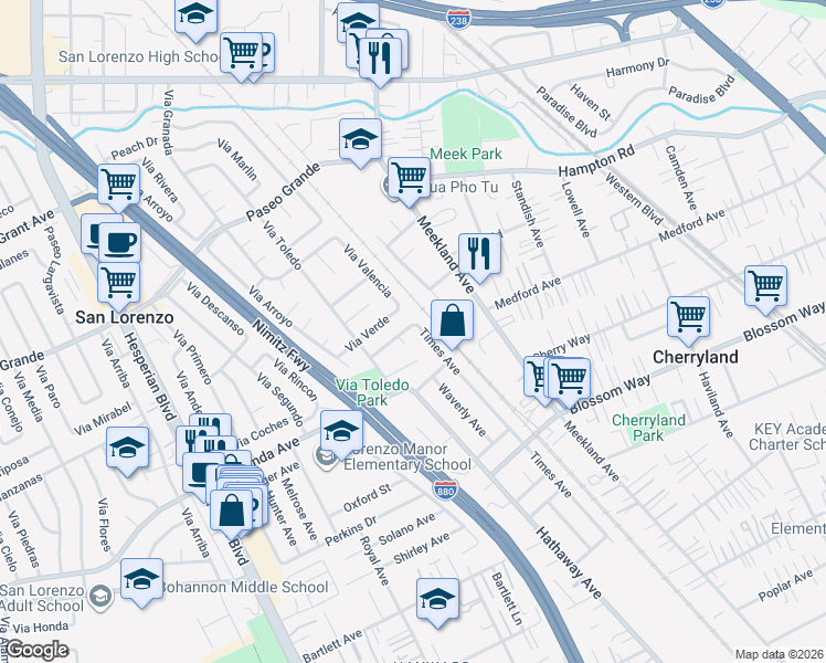 map of restaurants, bars, coffee shops, grocery stores, and more near 24 Via Hermosa in San Lorenzo