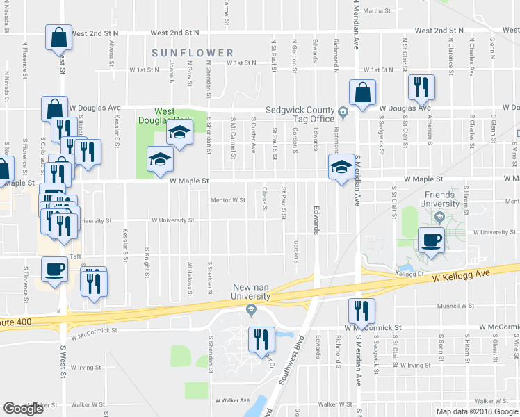 map of restaurants, bars, coffee shops, grocery stores, and more near 519 South Chase Street in Wichita