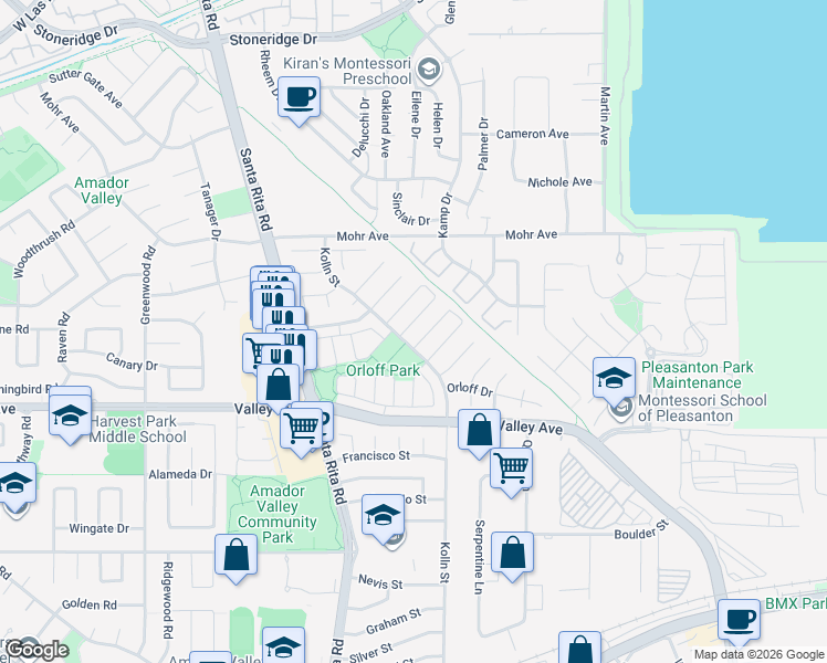 map of restaurants, bars, coffee shops, grocery stores, and more near 4019 Rennellwood Way in Pleasanton