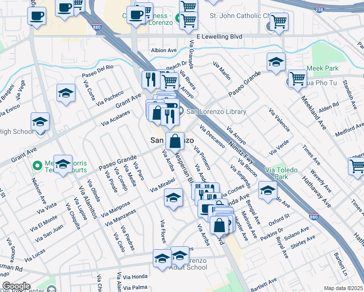 map of restaurants, bars, coffee shops, grocery stores, and more near 16080 Hesperian Boulevard in San Lorenzo