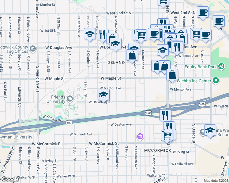map of restaurants, bars, coffee shops, grocery stores, and more near 507 South Millwood Avenue in Wichita