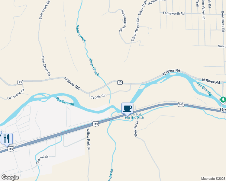 map of restaurants, bars, coffee shops, grocery stores, and more near 278 Caddis Circle in South Fork