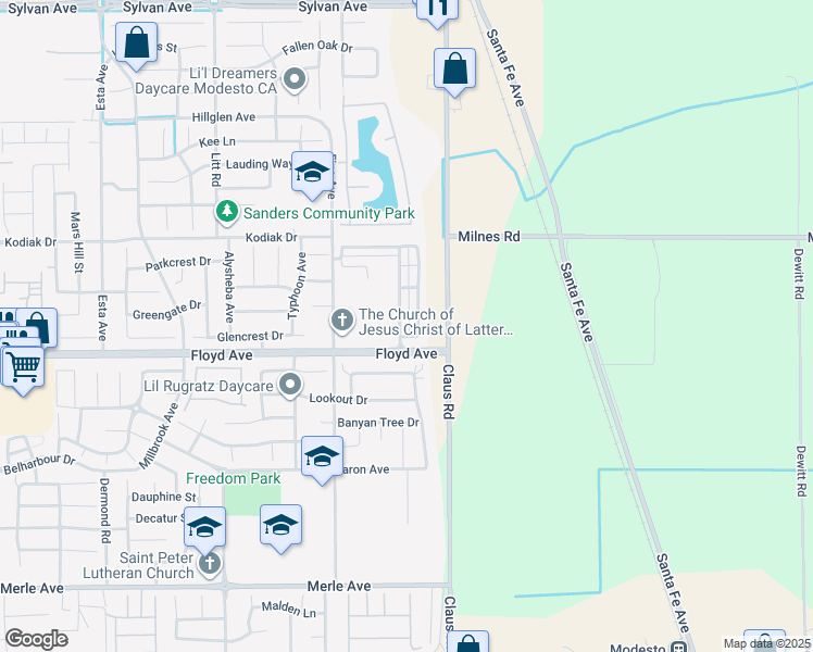 map of restaurants, bars, coffee shops, grocery stores, and more near 2620 Hawaiian Petrel Avenue in Modesto