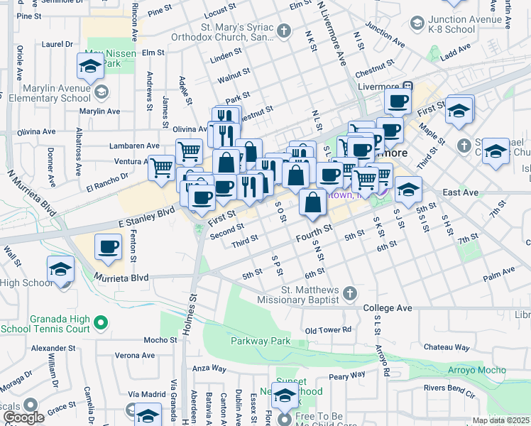 map of restaurants, bars, coffee shops, grocery stores, and more near 1587 Second Street in Livermore