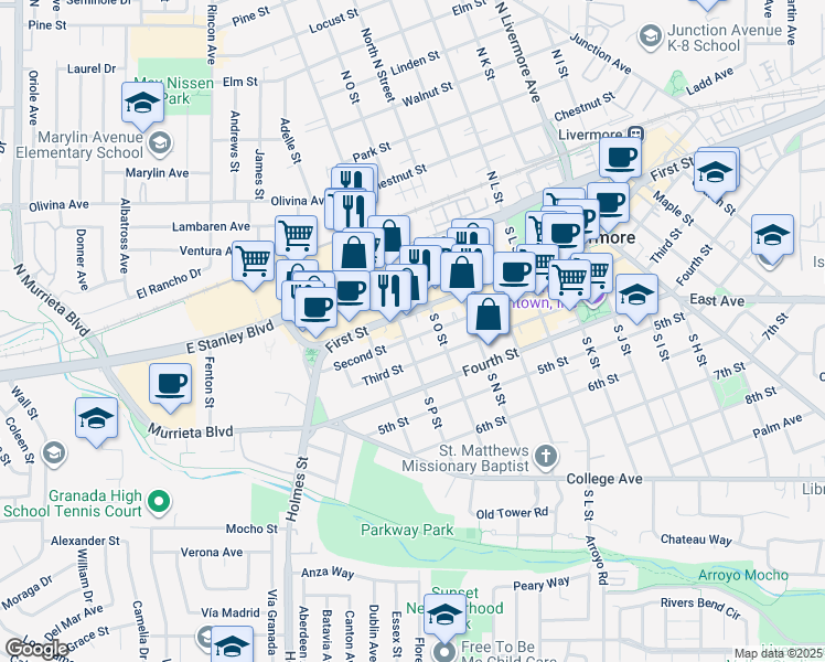 map of restaurants, bars, coffee shops, grocery stores, and more near 1587 Second Street in Livermore