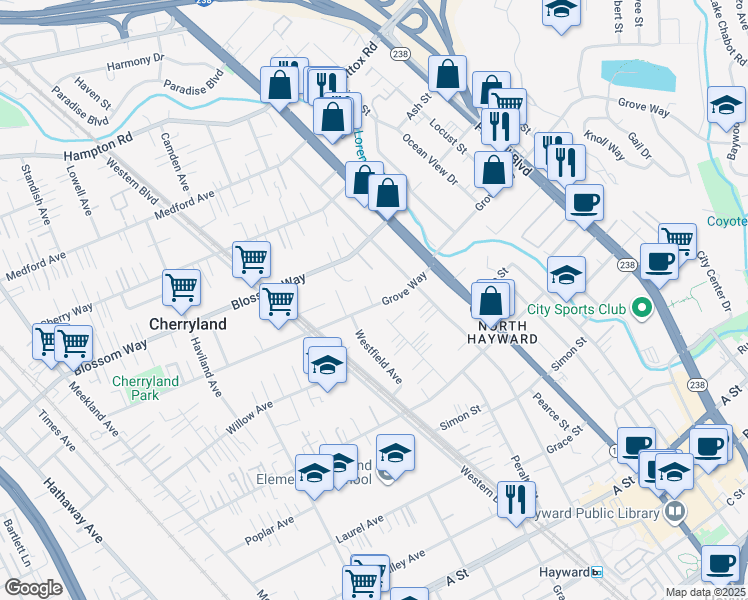 map of restaurants, bars, coffee shops, grocery stores, and more near 641 Grove Way in Hayward