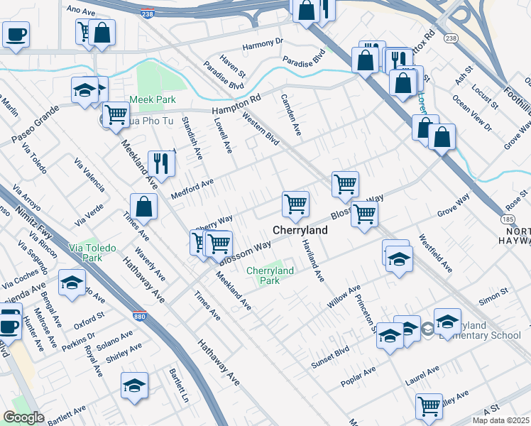 map of restaurants, bars, coffee shops, grocery stores, and more near 20630 Blossom Common in Hayward