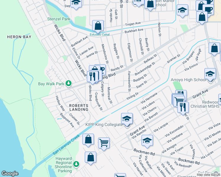 map of restaurants, bars, coffee shops, grocery stores, and more near 1879 Nelson Street in San Leandro