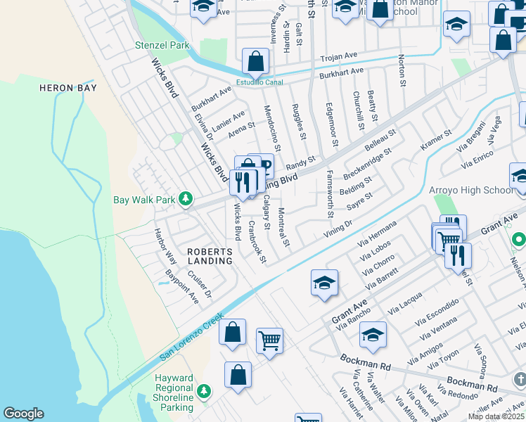 map of restaurants, bars, coffee shops, grocery stores, and more near 1960 Quebec Avenue in San Leandro