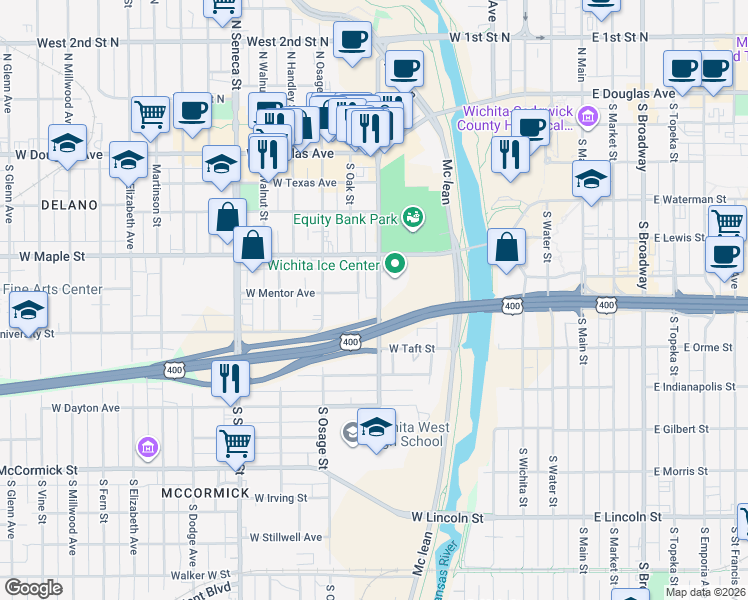 map of restaurants, bars, coffee shops, grocery stores, and more near 523-599 S Sycamore St in Wichita