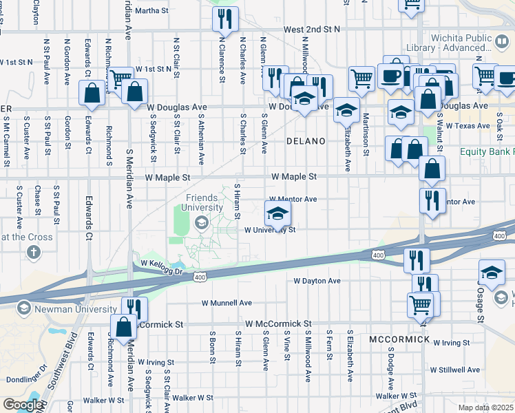 map of restaurants, bars, coffee shops, grocery stores, and more near 515 South Glenn Street in Wichita