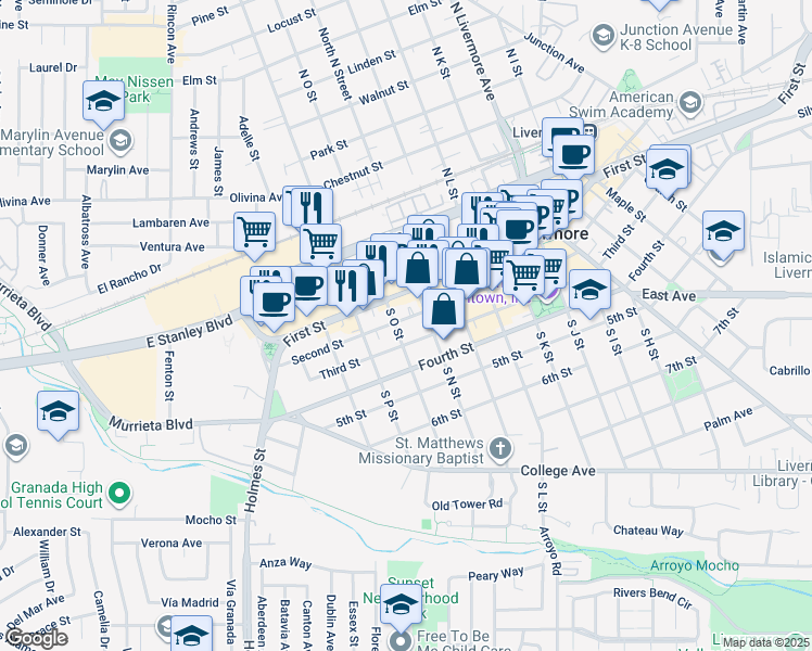 map of restaurants, bars, coffee shops, grocery stores, and more near 1727 Second Street in Livermore