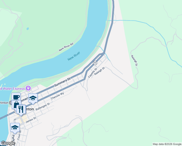 map of restaurants, bars, coffee shops, grocery stores, and more near 1319 Fayette Street in Hinton