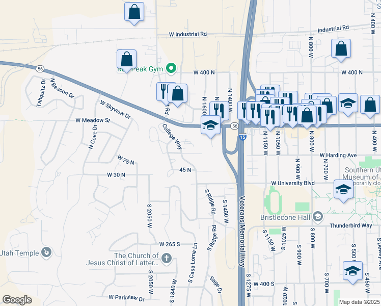 map of restaurants, bars, coffee shops, grocery stores, and more near 76 College Way in Cedar City