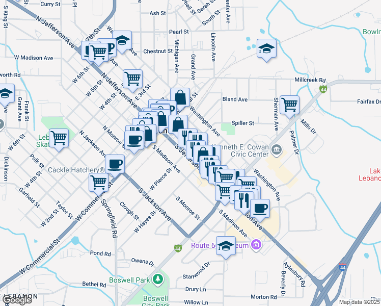map of restaurants, bars, coffee shops, grocery stores, and more near 380 South Jefferson Avenue in Lebanon