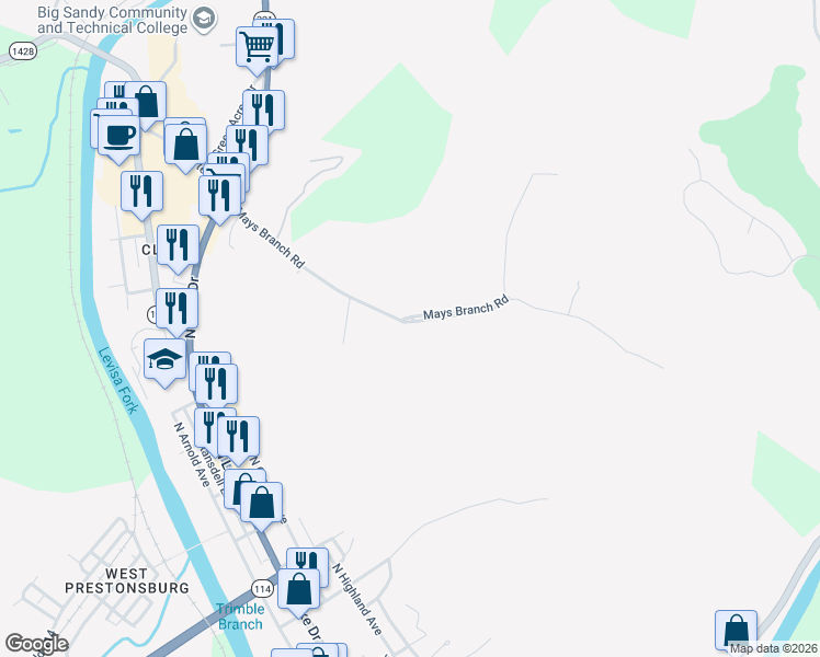 map of restaurants, bars, coffee shops, grocery stores, and more near 571-577 Ridge Run in Prestonsburg