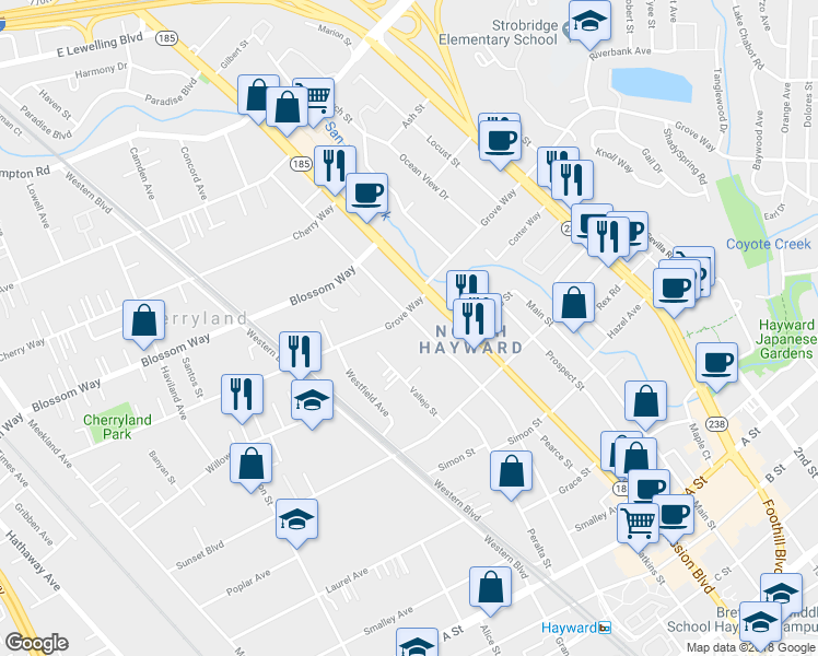 map of restaurants, bars, coffee shops, grocery stores, and more near 21585 Montgomery Street in Hayward