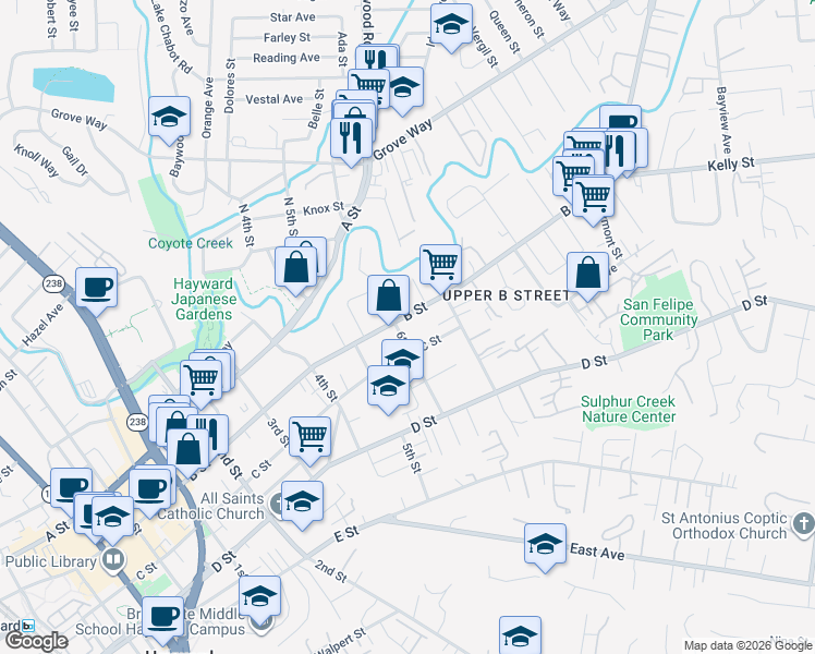 map of restaurants, bars, coffee shops, grocery stores, and more near 1609 B Street in Hayward