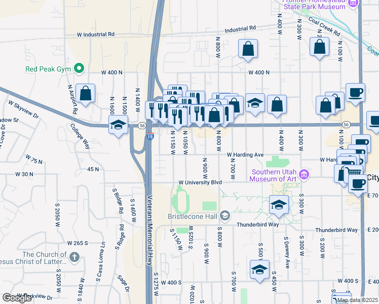 map of restaurants, bars, coffee shops, grocery stores, and more near 61 North 900 West in Cedar City