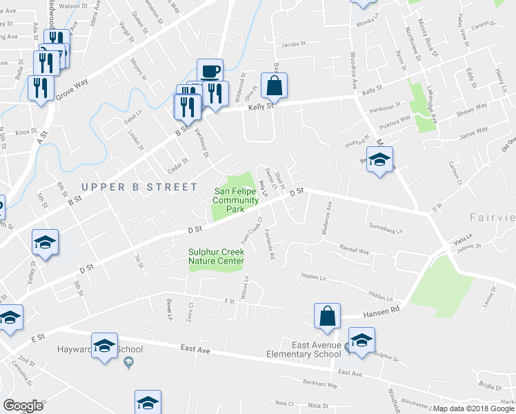 map of restaurants, bars, coffee shops, grocery stores, and more near D St & Twin Creek Ct in Hayward