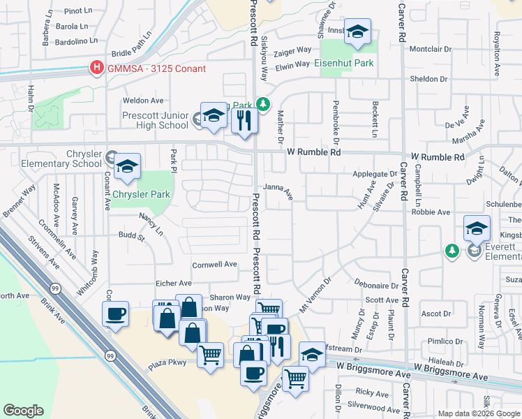 map of restaurants, bars, coffee shops, grocery stores, and more near 2601 Chester Drive in Modesto