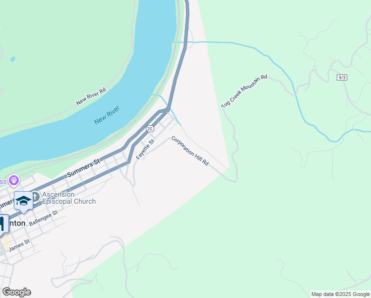 map of restaurants, bars, coffee shops, grocery stores, and more near Corporation Hill Rd in Hinton