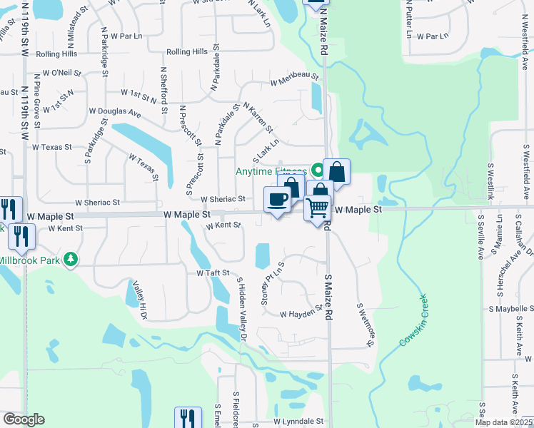 map of restaurants, bars, coffee shops, grocery stores, and more near 10607 West Maple Street in Wichita