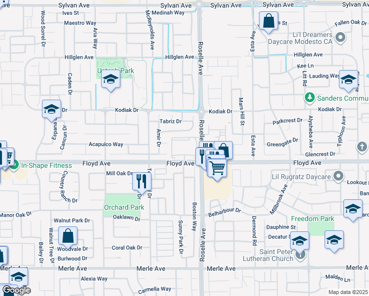 map of restaurants, bars, coffee shops, grocery stores, and more near 2929 Floyd Avenue in Modesto