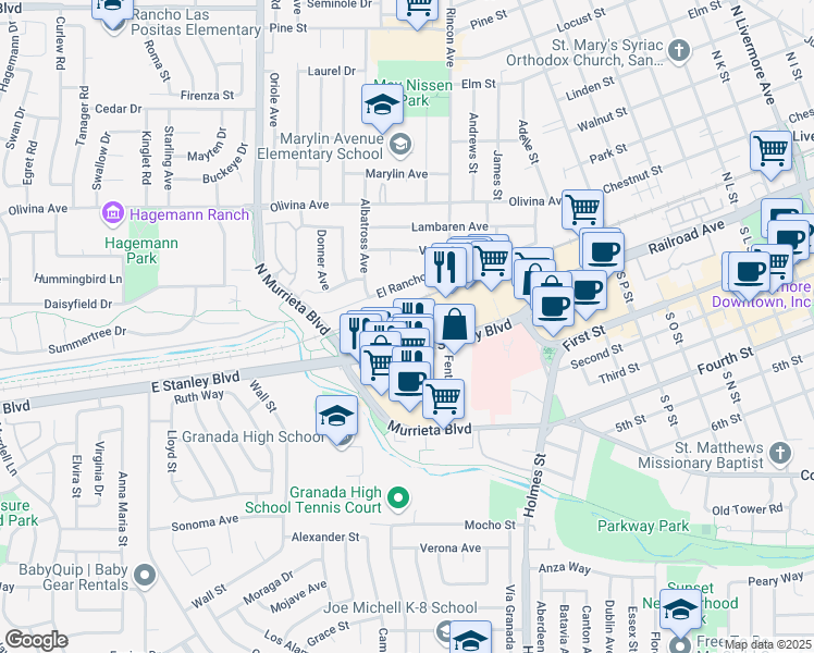 map of restaurants, bars, coffee shops, grocery stores, and more near 977 East Stanley Boulevard in Livermore