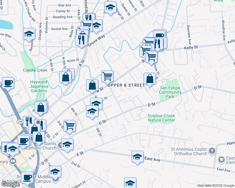 map of restaurants, bars, coffee shops, grocery stores, and more near 22689 7th Street in Hayward