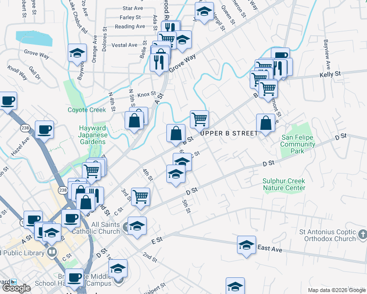 map of restaurants, bars, coffee shops, grocery stores, and more near 1618 C Street in Hayward