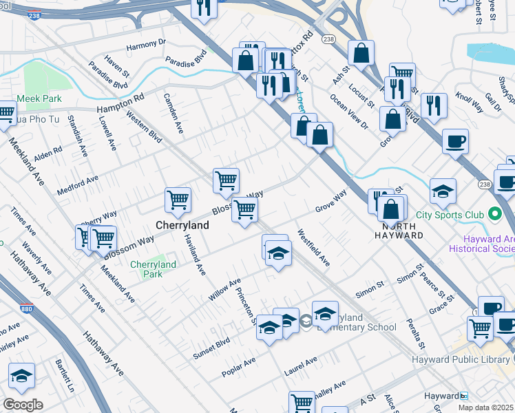 map of restaurants, bars, coffee shops, grocery stores, and more near 21413 Western Boulevard in Hayward