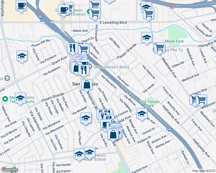 map of restaurants, bars, coffee shops, grocery stores, and more near 16108 Via Primero in San Lorenzo