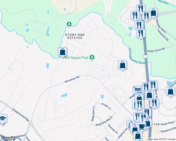 map of restaurants, bars, coffee shops, grocery stores, and more near 3001 Farmstead Mill Drive in Glen Allen