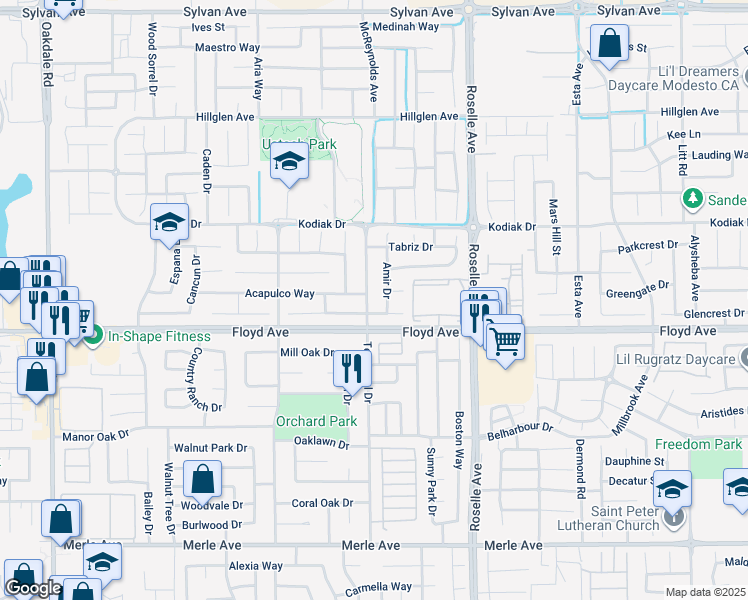 map of restaurants, bars, coffee shops, grocery stores, and more near 2612 Temescal Drive in Modesto