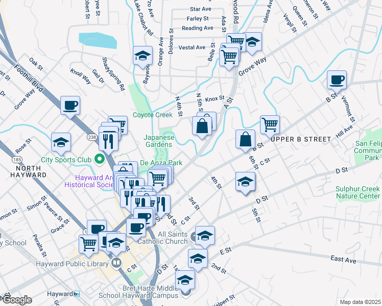 map of restaurants, bars, coffee shops, grocery stores, and more near 1372 A Street in Hayward
