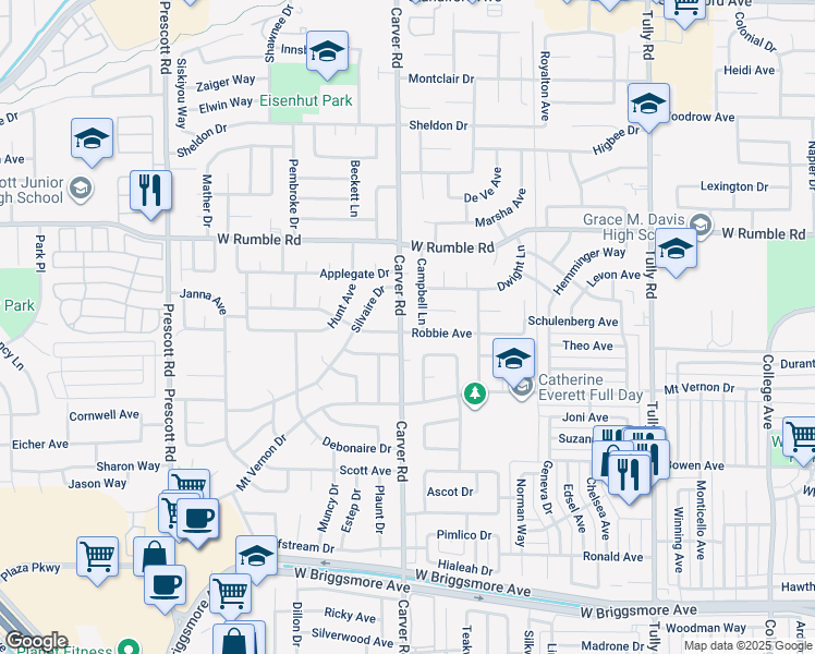 map of restaurants, bars, coffee shops, grocery stores, and more near 1645 Robbie Avenue in Modesto