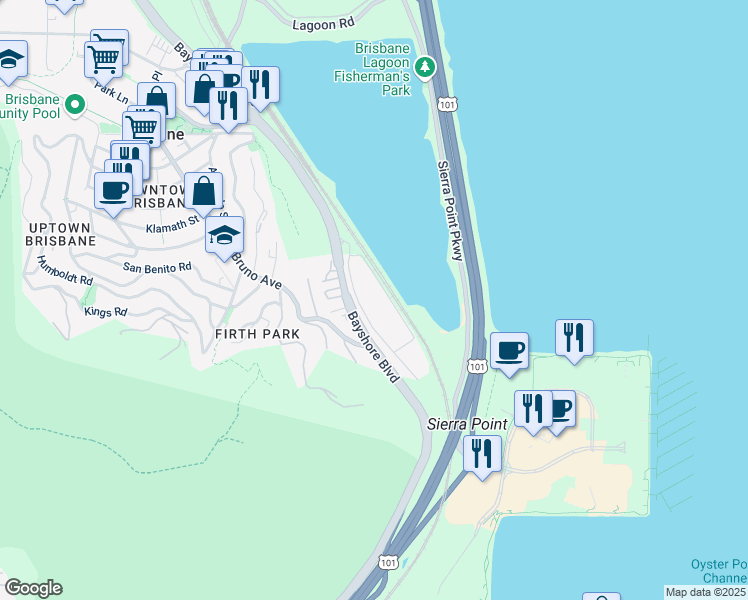 map of restaurants, bars, coffee shops, grocery stores, and more near 3745 Bayshore Boulevard in Brisbane
