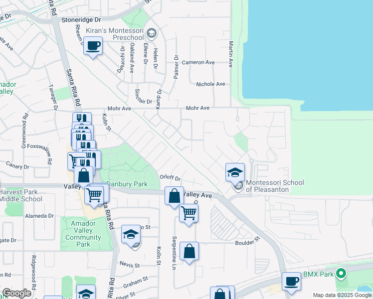 map of restaurants, bars, coffee shops, grocery stores, and more near 1585 Poppybank Court in Pleasanton