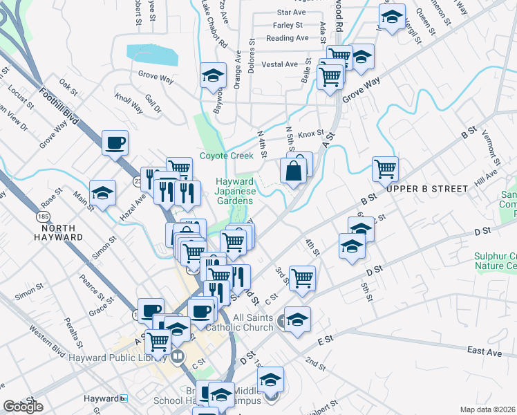 map of restaurants, bars, coffee shops, grocery stores, and more near 1372 Russell Way in Hayward