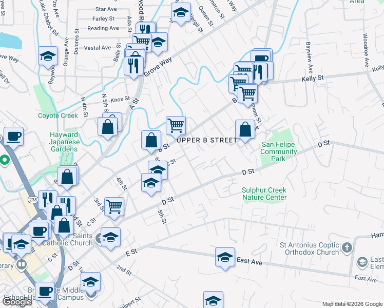 map of restaurants, bars, coffee shops, grocery stores, and more near 22689 7th Street in Hayward