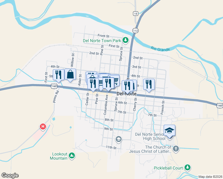 map of restaurants, bars, coffee shops, grocery stores, and more near 550-556 Columbia Avenue in Del Norte