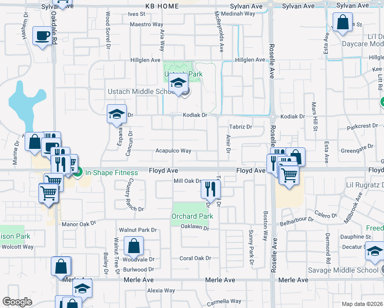 map of restaurants, bars, coffee shops, grocery stores, and more near 2628 Acapulco Way in Modesto