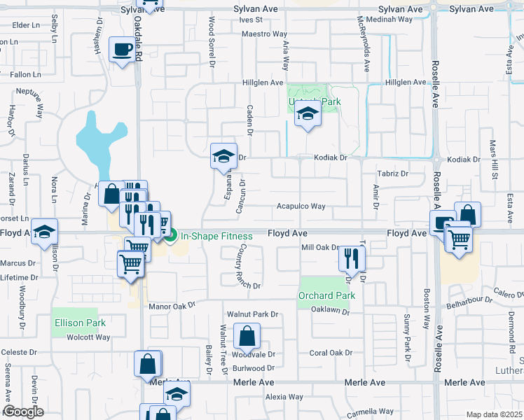 map of restaurants, bars, coffee shops, grocery stores, and more near 2520 Acapulco Way in Modesto