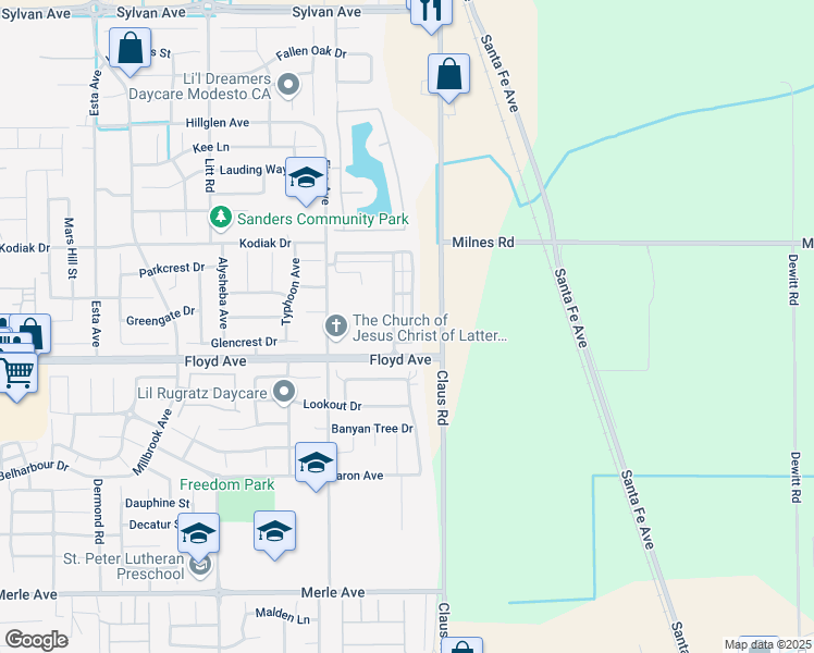 map of restaurants, bars, coffee shops, grocery stores, and more near 2600 Crested Bobwhite Street in Modesto