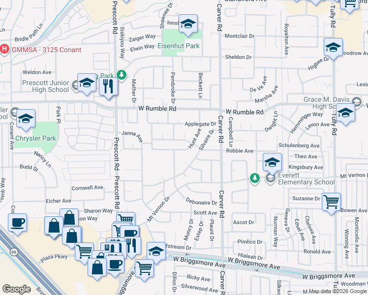 map of restaurants, bars, coffee shops, grocery stores, and more near 1901 Hunt Avenue in Modesto