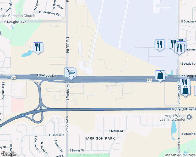 map of restaurants, bars, coffee shops, grocery stores, and more near 10005 East Kellogg Avenue in Wichita