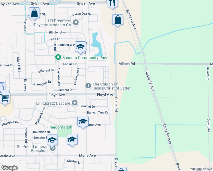 map of restaurants, bars, coffee shops, grocery stores, and more near 2600 Crested Bobwhite Street in Modesto